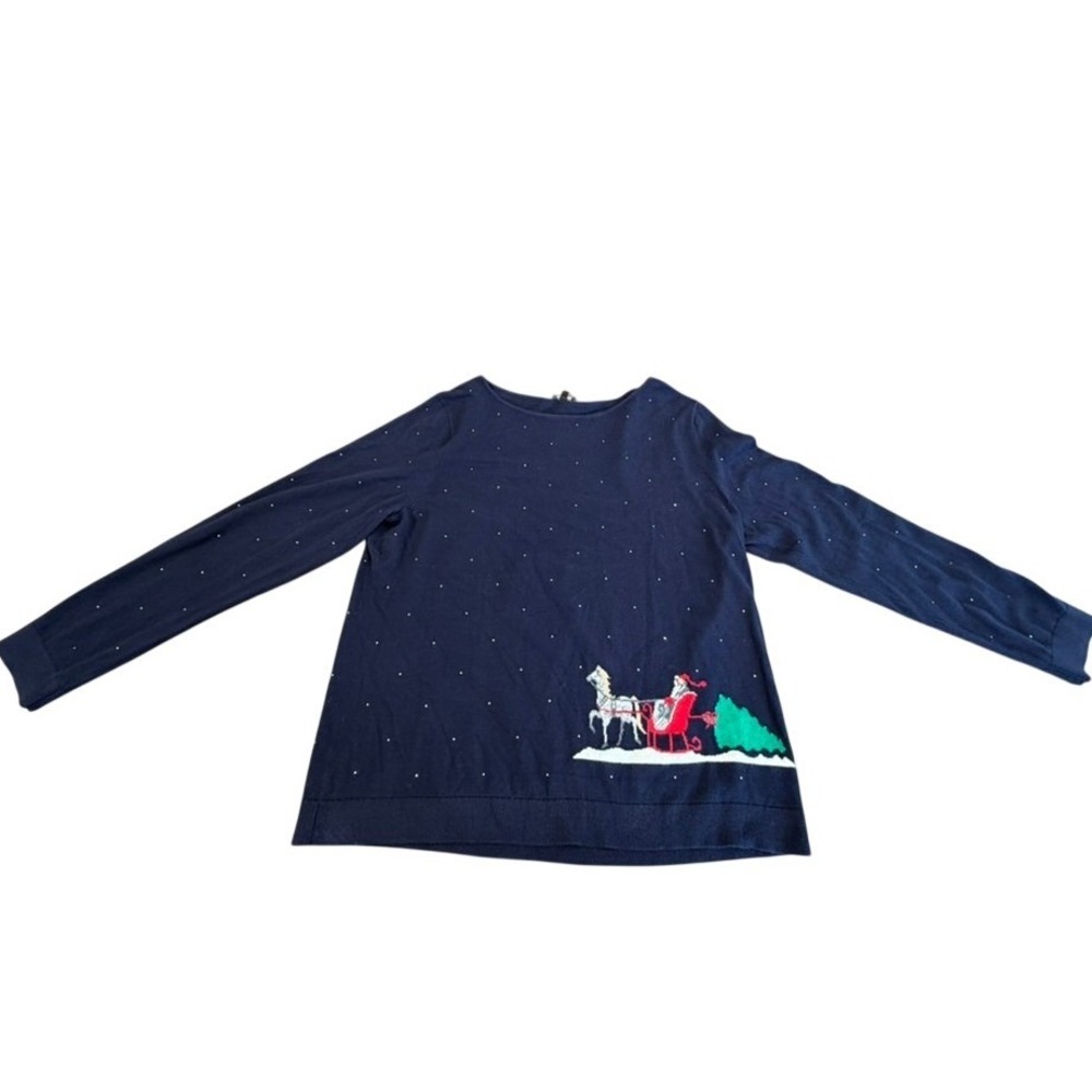 Talbots Womens XL Navy Cashmere Blend Santa Christmas Knit Top Long Sleeve Bling